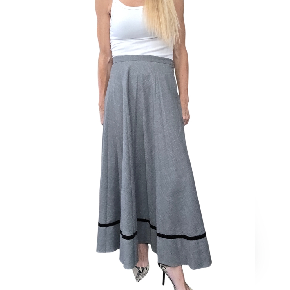 Vintage 90s Orvis Wool Midi Skirt Size 12 Gray A-Line Velvet Trim USA